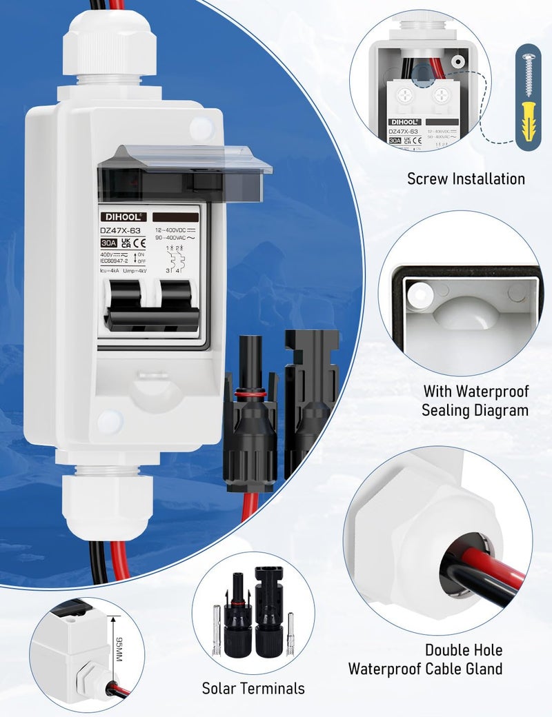DIHOOL Solar Panel Disconnect Switch, Non Polarized DC Circuit Breaker, 30 Amp, 2 Pole, 12V-400V, AC Disconnect Box Outdoor, Battery Cutoff Isolator - Image 4
